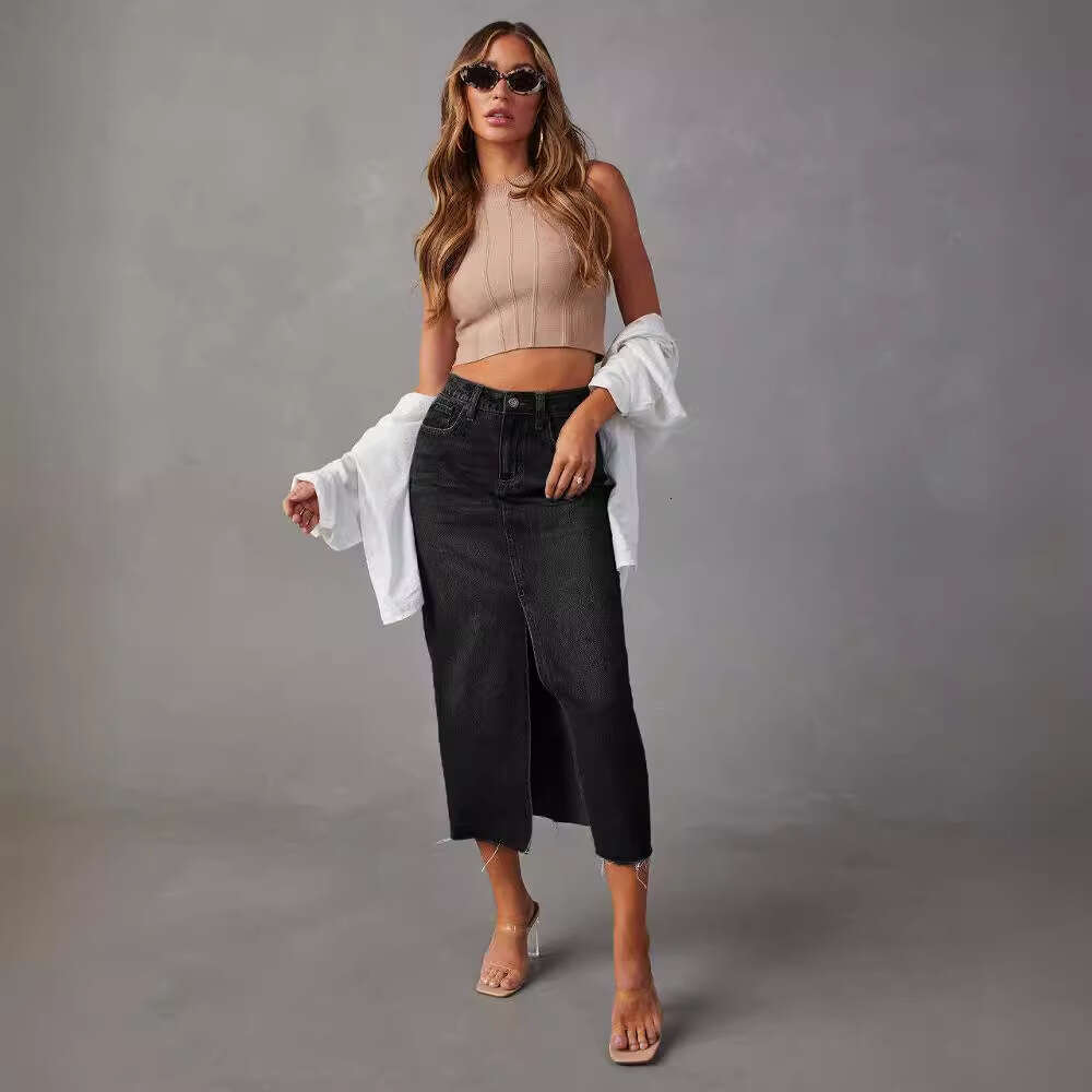 Sexy Spicy Girl A-line Pattern Split Slim denim Half Skirt 2024 Spring/Summer
