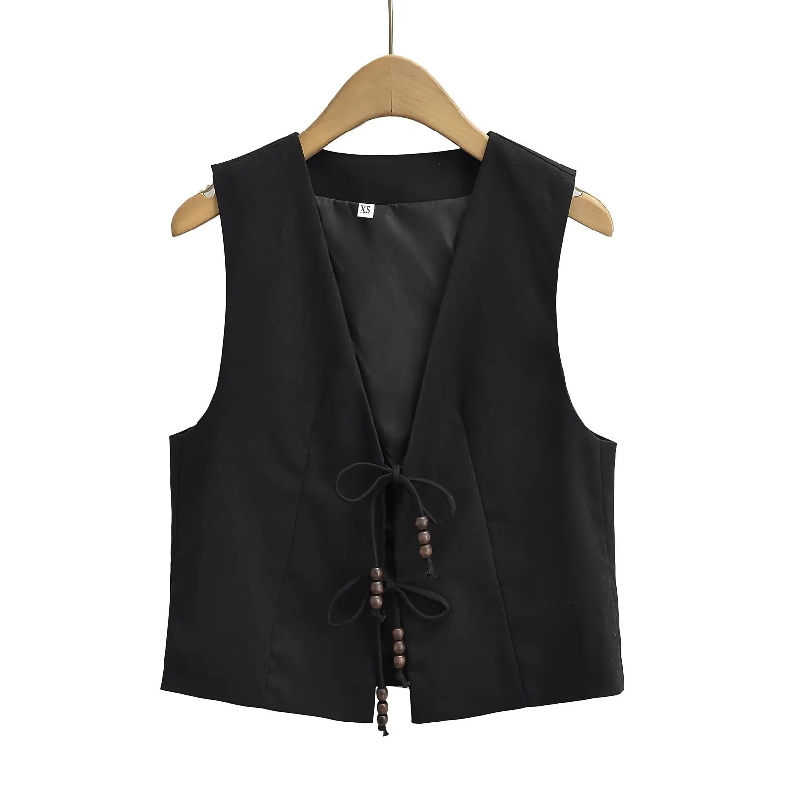 womens fashionable Vneck sleeveless bead n lace top short linen vest jacket for office casual slim fit waist CT2208 250506