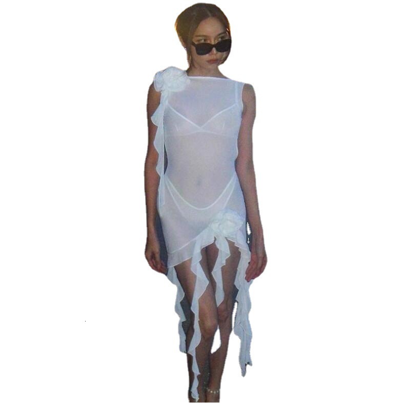 Wind 2023 spring and summer new womens fashion one-line collar sexy backless perspective mesh dress women