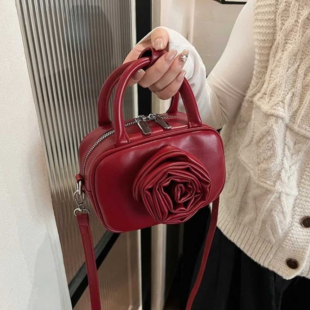 Portable PU Leather Rose Flower Bowling Bag Single Shoder Y2K Sier Handbag Purse Korean Style PU Crossbody Bag Travel Z250514