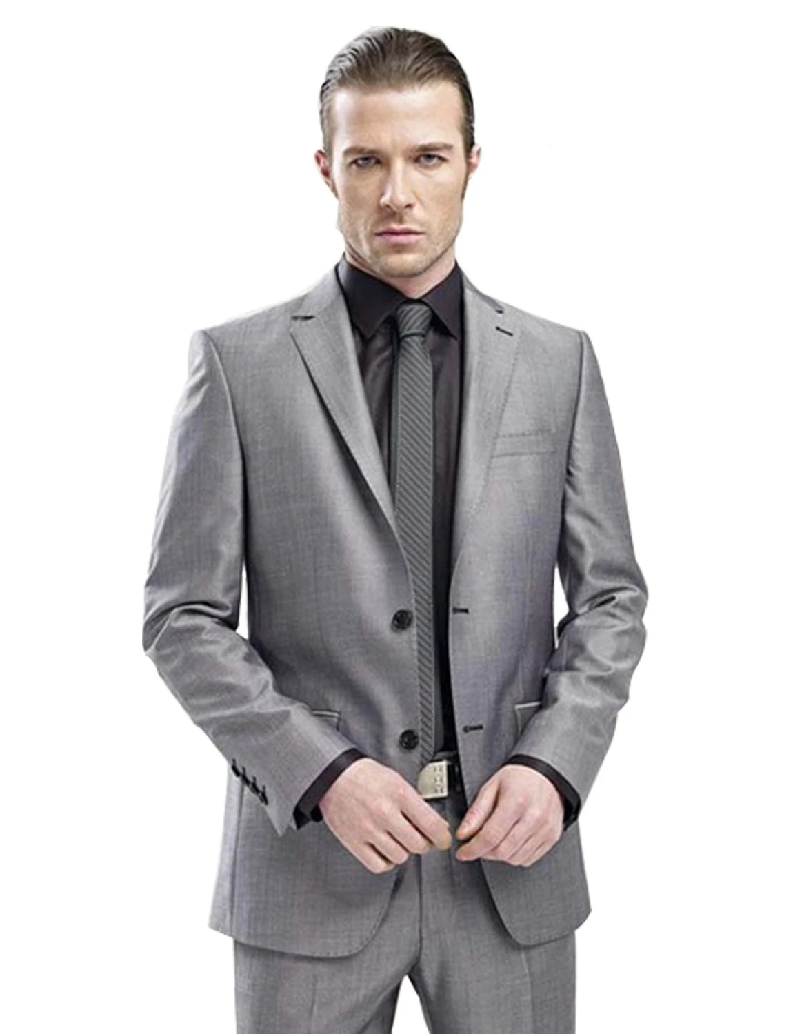 Formal Gray Mens 2 Pieces Suit Two Buttons Notch Lapel Jacket and Trousers Set for Wedding Business 250506