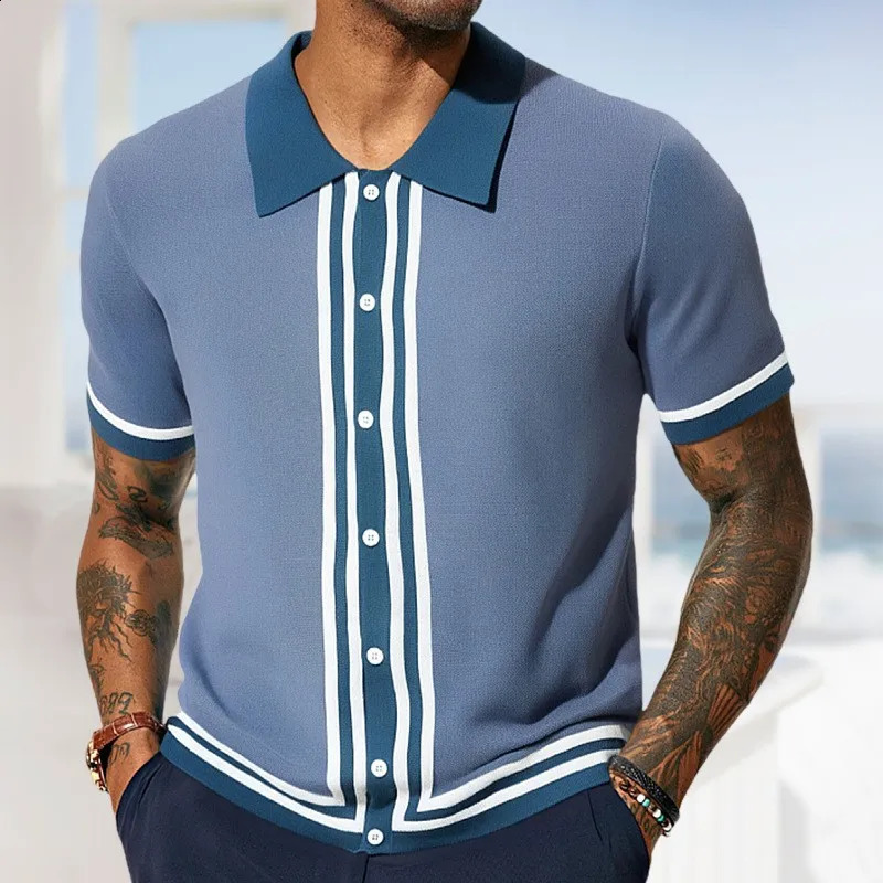 Mens Summer Knit Patchwork Short Sleeve Polo Shirts Streetwear Buttoned Breathable Striped Fashion Business Retro Shirts 250513