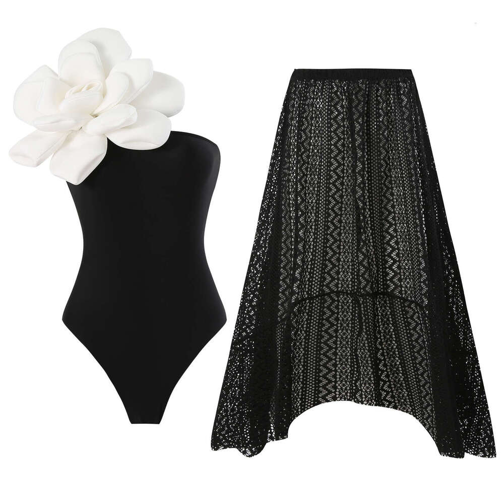 2025 European and American one-piece women's tight fitting slimming big flower niche swimsuit set chiffon long skirt new style temperament chic e