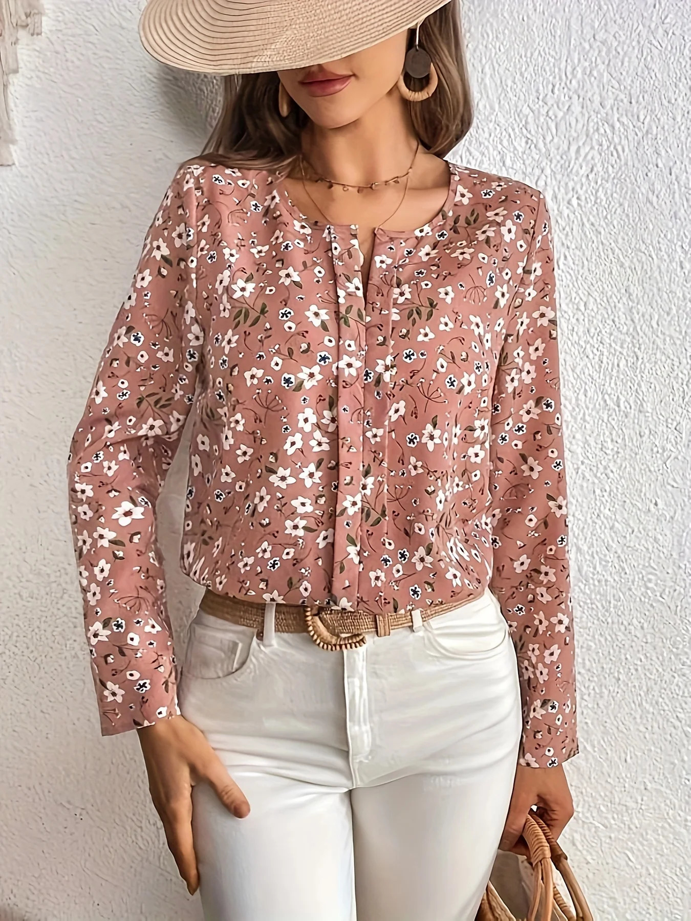 Spring and Summer Womens Round Neck LongSleeved Casual Shirts Light Fashionable Suitable for Everyday Wear 250514