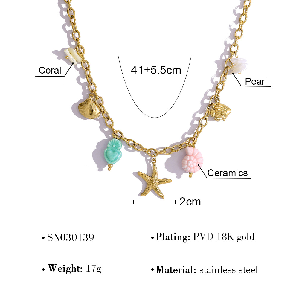 Ocean Inspired Fish & Starfish Titanium Steel Bracelet with Colorful Ceramic Charms, Elegant Necklace for Women