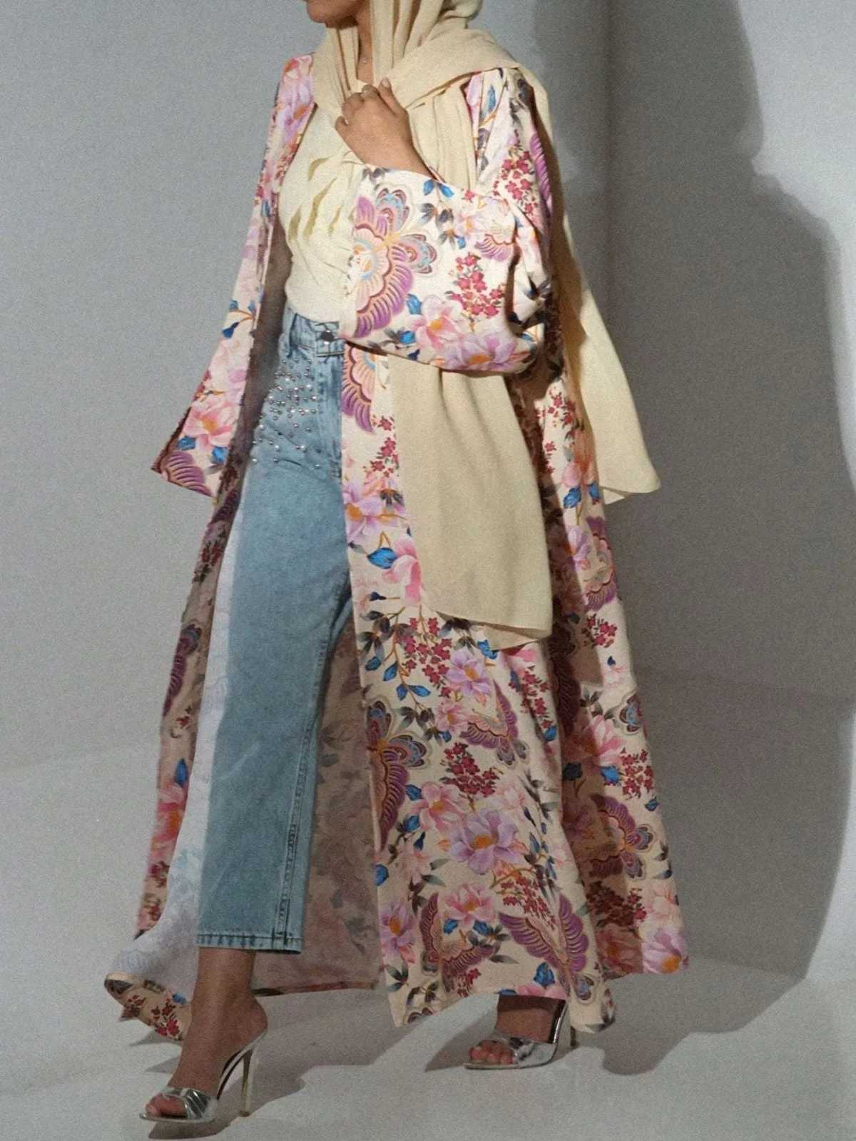 Middle Eastern Loose Abaya Muslim Full Slve Printed Floral Open Front Abayas Women Jilbabs Islamic Maxi Dresses Turkey Kaftans X250514