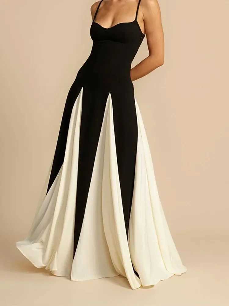 New Contrast Color A-line Womens Sling Dress Elegant Sleeveless Backless High Waist Long Robe Chic High Street Banquet GownsXJ250514