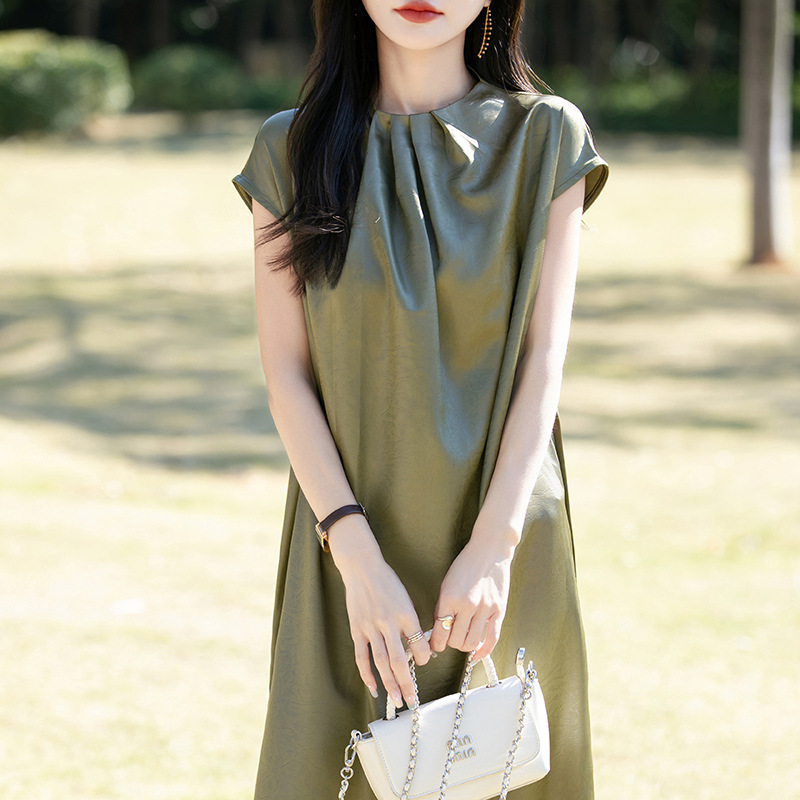 MUU170 Summer new women's round neck long skirt mid-length knee-length pleated slimming temperament dress