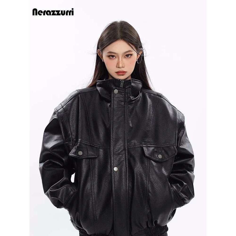 Nerazzurri Spring Autumn Oversized Cool Windproof Thick Black Pu Leather Jacket Women Zip Up Designer Unisex Clothes 2023 Designer Designer