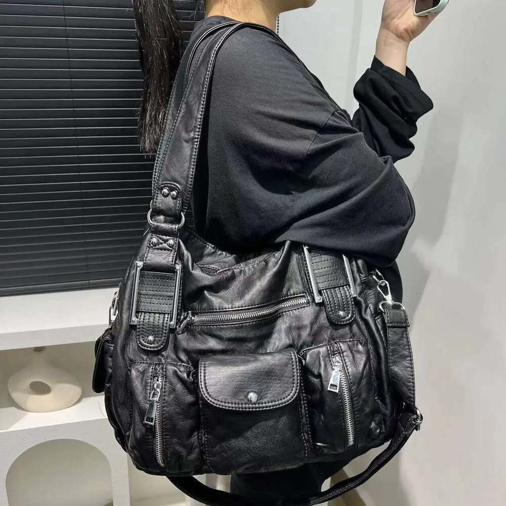 Women's Fashion Y2k Hot Girl Motorcycle Old Lychee Pattern Multi-Pocket Shoulder Crossbody Bag