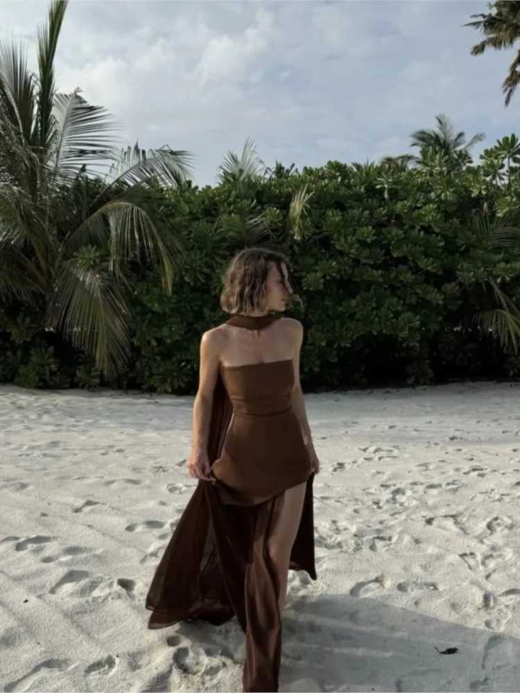 Fashion Strapless Dress With Ribbon Female Elegant Sleeveless Mesh Beach Vacation Long Dresses 2025 Spring New Women DressesXJ250514