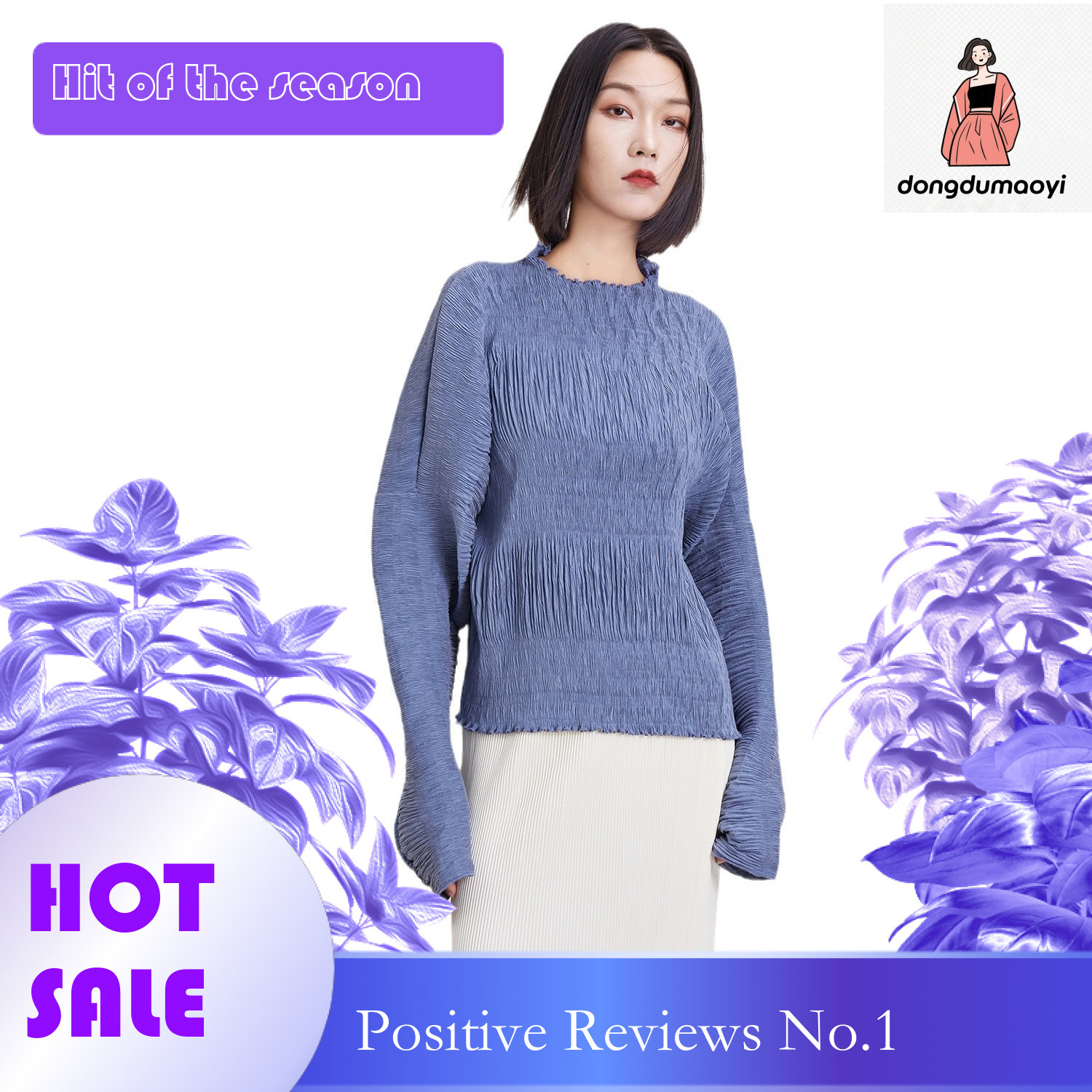 dongdumaoyi Lazy elegant small shirt with loose fit design, Miyake autumn and winter new style long sleeved T-shirt round neck pleated sweatshirt for 