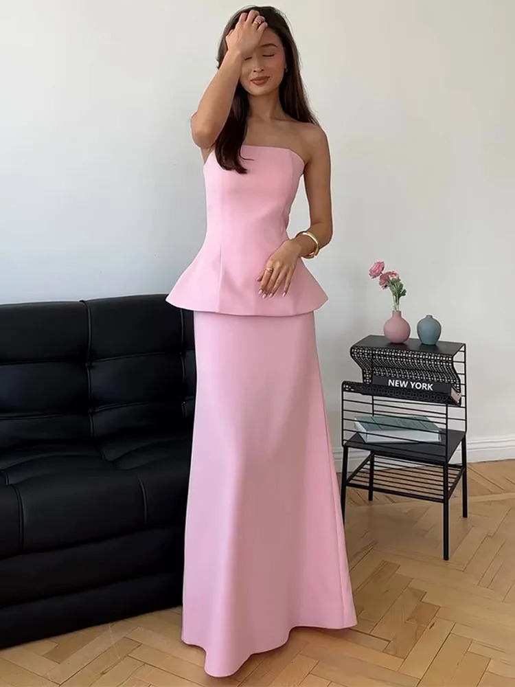 Fashion Womens Tube Top Skirt Suit Sleeveless Solid Slim Lady Sets 2025 Spring Summer Elegant 2 Pieces Set Women Vacation 250513
