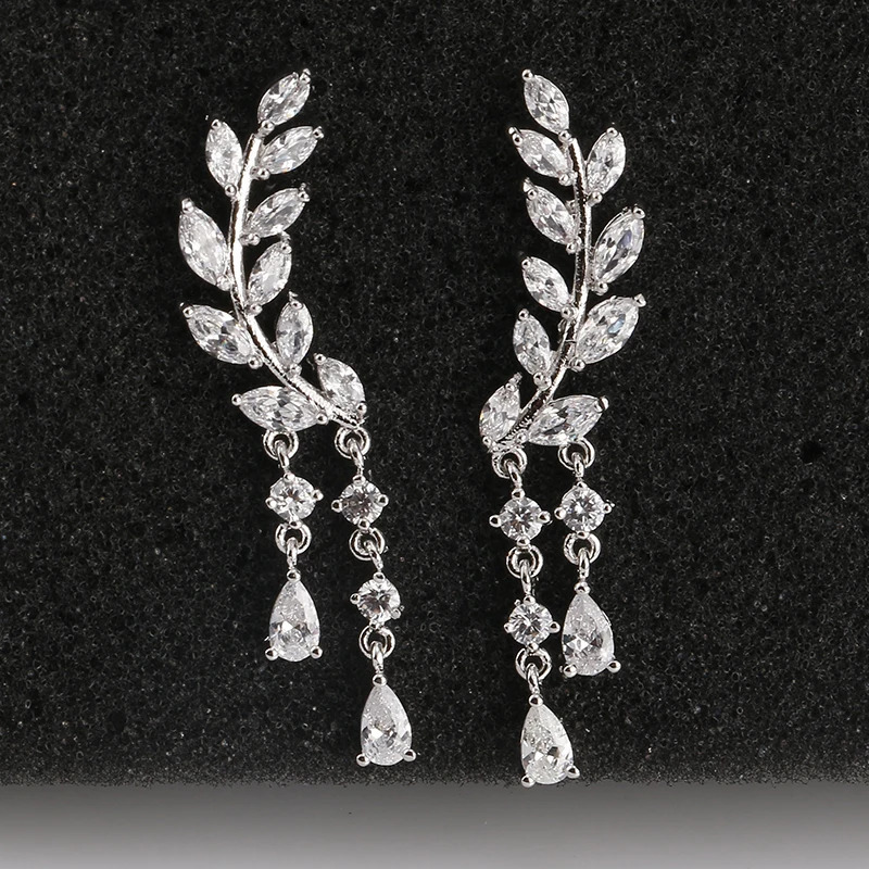 ZAKOL CZ Crystal Zirconia Leaf Long Tassel Drop Earrings for Women Girl Fashion Wing Wedding Party Jewelry 250513