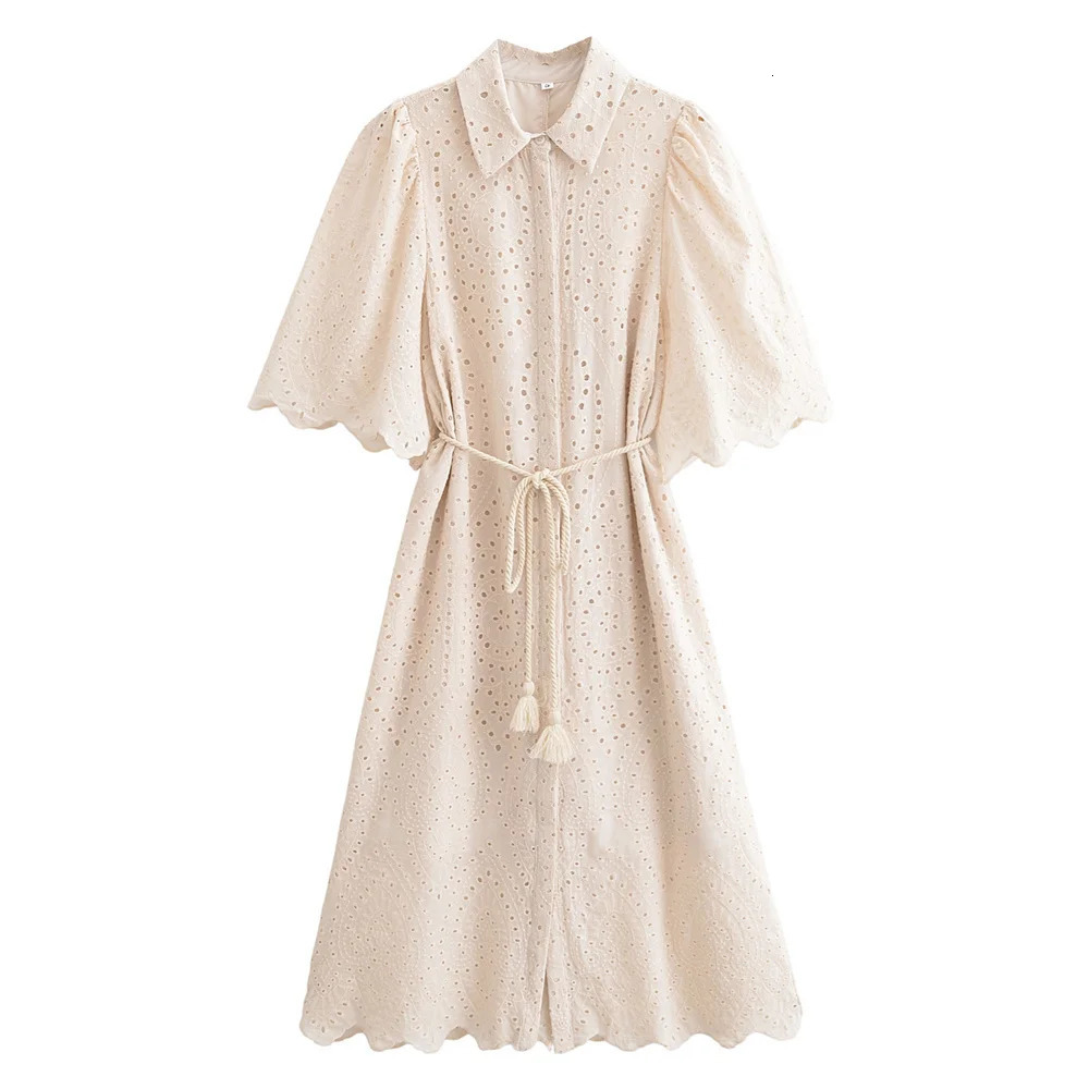 UNIZERA Womens Loose Collar Belt Flower Hollow Dress Solid Color Buckle Decoration SpringSummer Casual Wear 250514