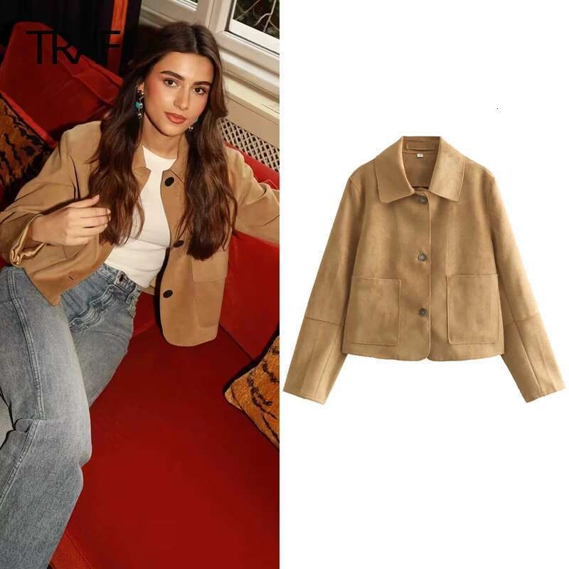 TRAF Women's Demi-Season Cropped Suede Jacket Lapel Collar Long Sleeve Top New In Jackets Korean Reviews Many Coats
