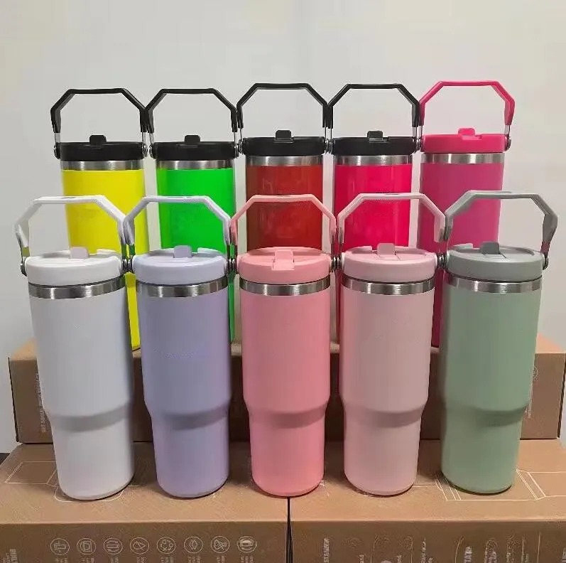 Wholesale! 304 Stainless Steel 30OZ Travel Mugs Reusable Flip Straw Tumblers Customize Logo 30oz Cups With Handle Lid Tumblers
