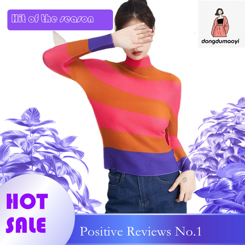 dongdumaoyi Miyake T-shirt for Women 2025 Spring Autumn Half High Collar Long Sleeve Printed Stripe Slimming Top with Fashionable and Versatile Style
