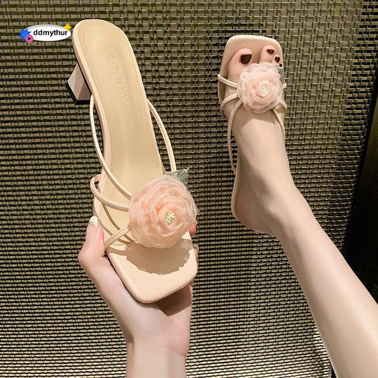 2025 Summer New Fairy Style Flower Coarse Heel Slippers for Women's Outerwear, Open toed One line Drag Fashion High Heels ddmythur