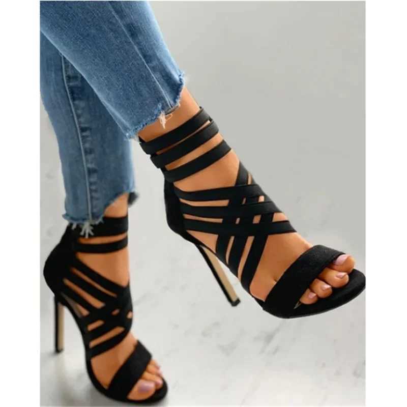 Summer womens fashion bandage back zipper sandals 2025 sexy pointed toe versatile solid color banquet party stilettos large 43 W250514