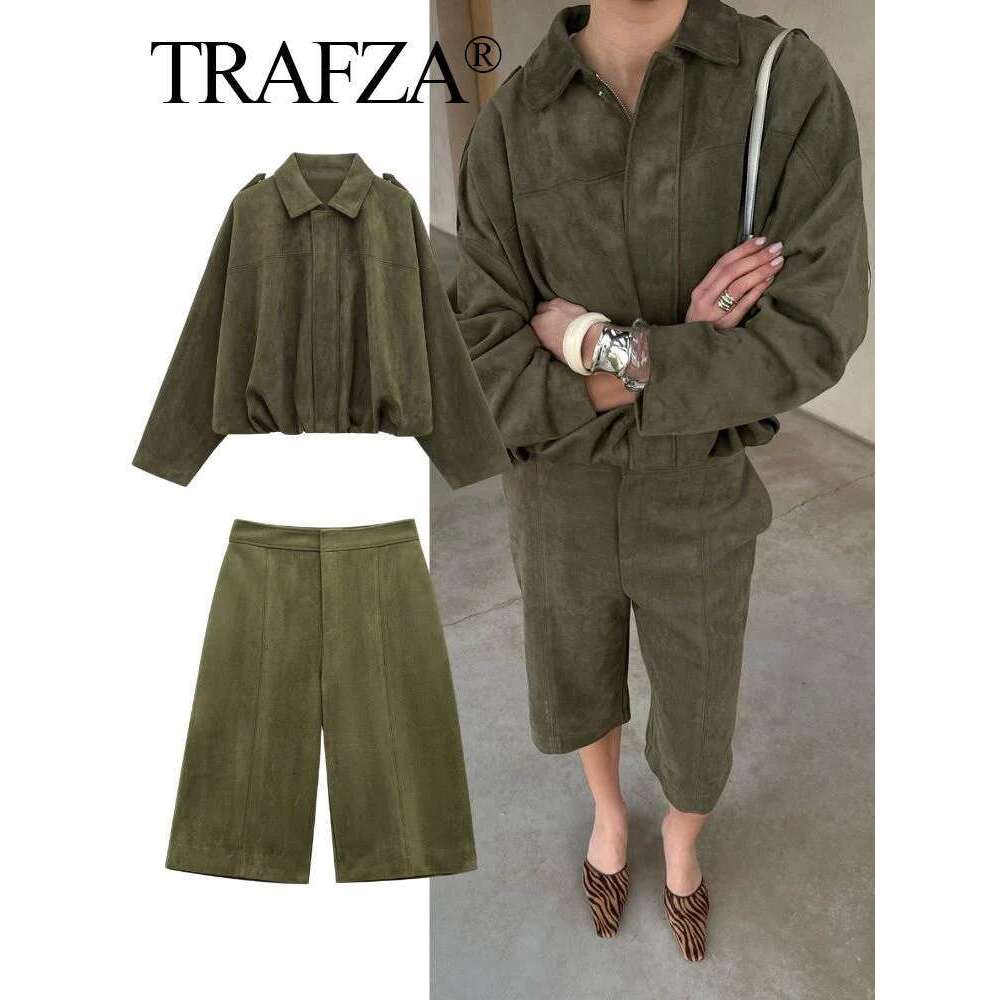 TRAFZA Fashion Women's Soft Leather Jackets Shorts Set Zipper Bomber Jacket+Summer Pocket Suede Texture Short Pants
