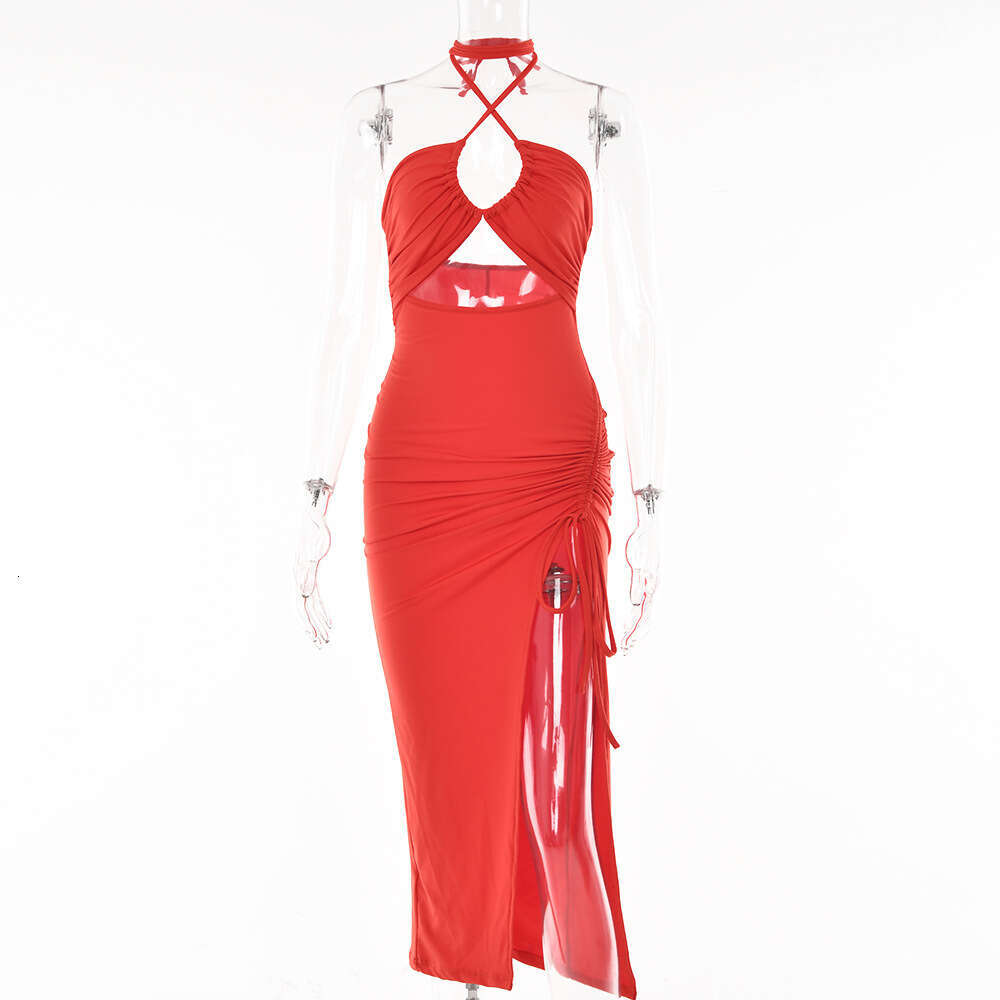 Women Clothes Dress INS Spring New Sexy Spicy Girl High Split Wrinkle Hanging Neck Style Elegant Chest Show Long Dress KQ