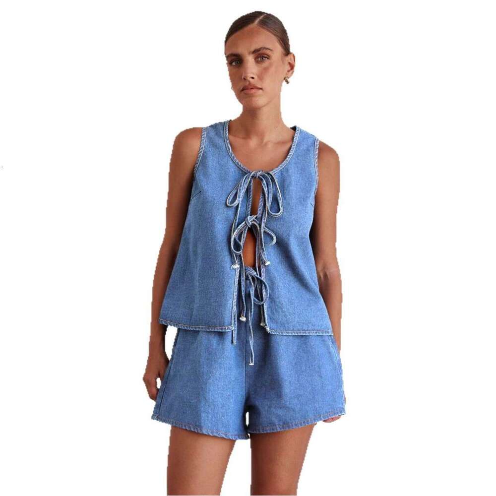 2025 Style Summer Fashion Casual Sleeveless Lace Up High Waisted Womens Vest Denim Suit Shorts for Women High Elasticity Versatile Printing New Produc