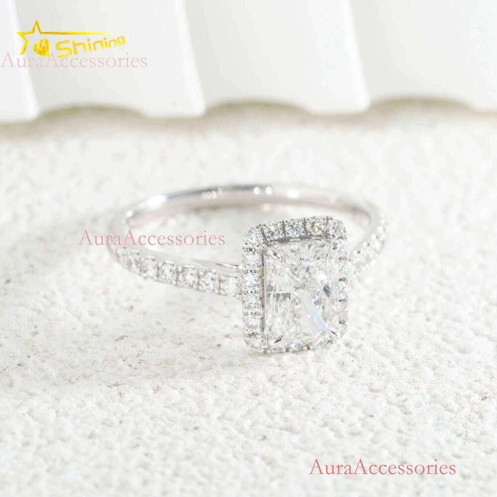 Solid Gold IGI 1.05ct Radiand Cut Lab Dia Ring Halo Engagement Wedding Rings with Certificate