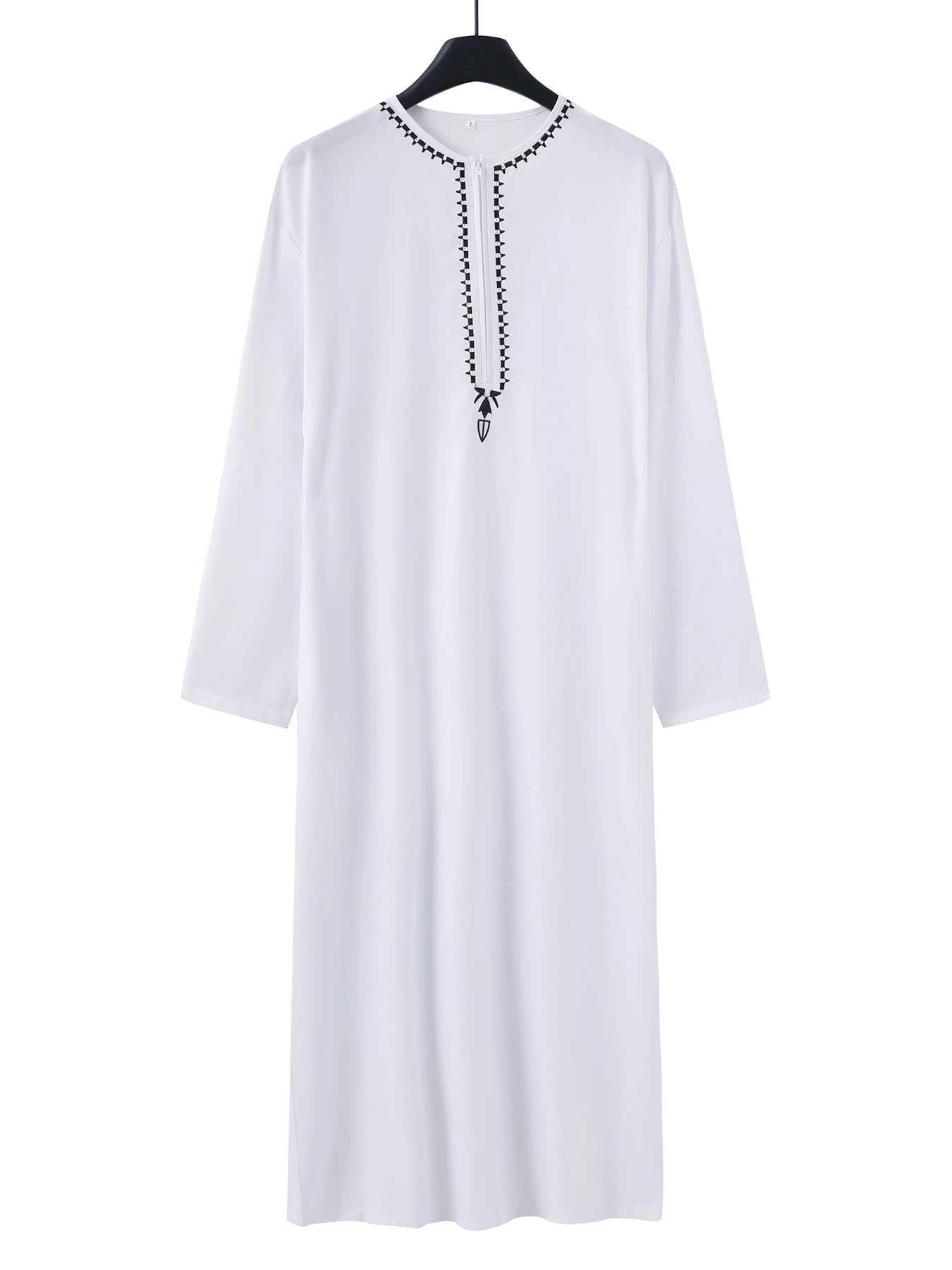 2024 New in Muslim Arabic Men Black Hand Embroidered White Formal Long Sleeve Robe Luxury White Jubba X250514