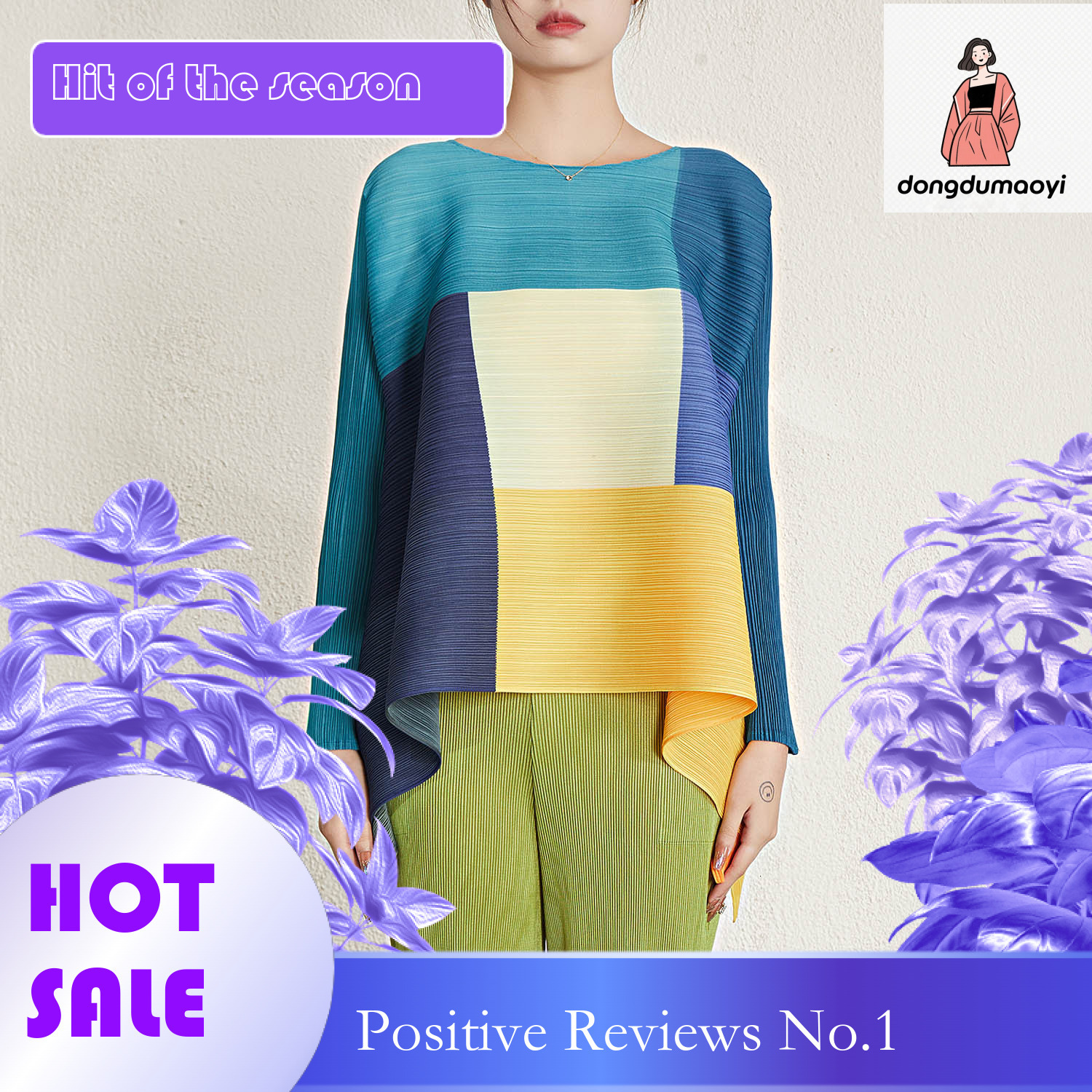 dongdumaoyi Women's long sleeved round neck women's Miyake style loose T-shirt, pleated checkered top