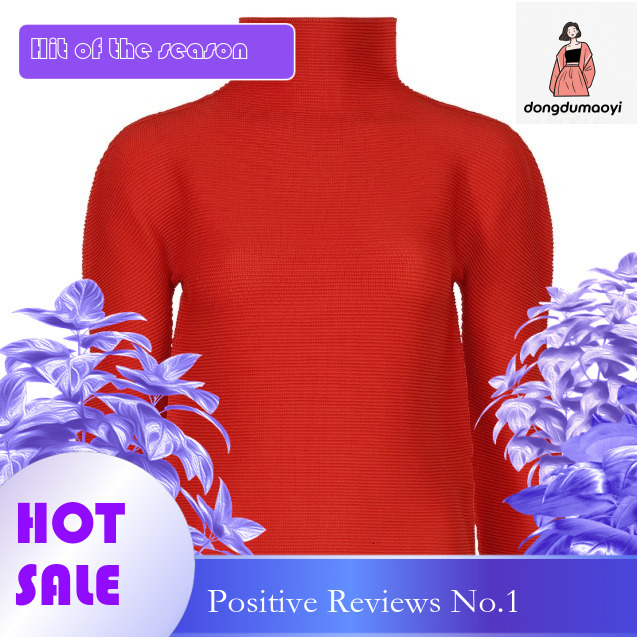 dongdumaoyi Ankela Red Miyake Long Sleeve Base T-shirt for Women's Interior, High Neck, Solid Color, Simple and Versatile Pullover