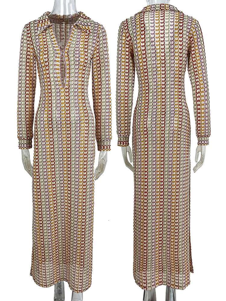 2025 Women's Elegant Crochet Sexy See Through Bodycon Maxi Dress Long Sleeve Cover-Ups Knitted Beach Swimsuit Cover Up A2819
