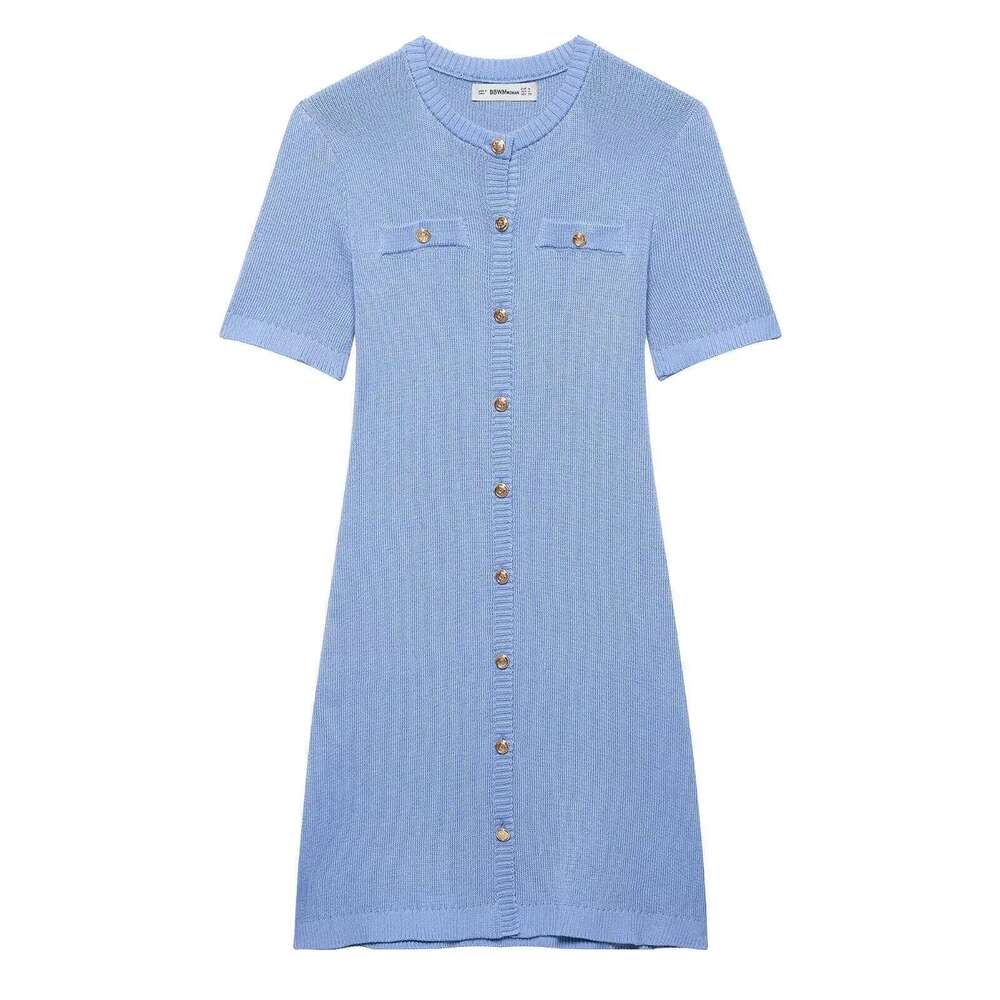 European and American style 2025 new round neck single-breasted fashionable slim knitted short-sleeved dress