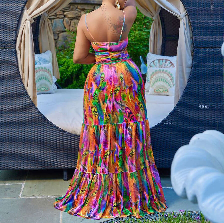 Women's Wear D3174 New Women's Sexy Strap Printed Sleeveless Open Back Long Dress