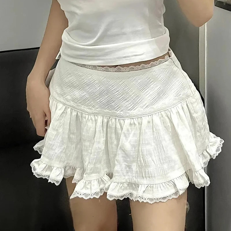 Balletcore Ruffled Mini Skirt with Lace Trim Low Rise Tiered White Summer Women TeenGirl Y2K Goth Outfit 250514