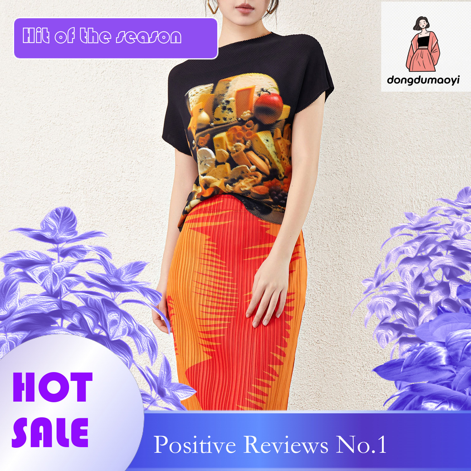 dongdumaoyi Street psychedelic letter design printed top with pleats, new hip-hop style short sleeved T-shirt, women's summer