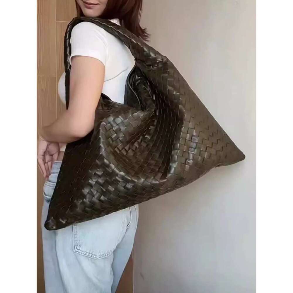 Olive green soft leather new women s large capacity single shoulder tote pure hand woven armpit bag