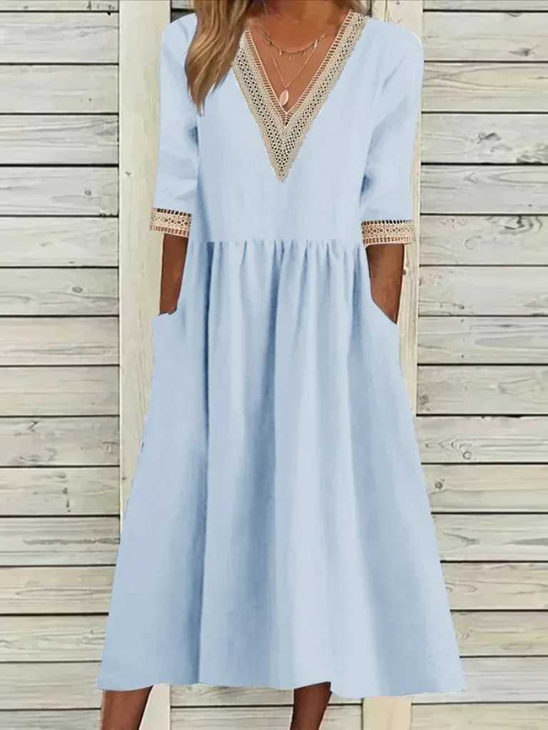 2025 Spring Cotton Linen Oversize Womens Long Dress White V-neck Lace Loose A-line Dresses Female Casual Trendy Ladies ClothesXJ250514