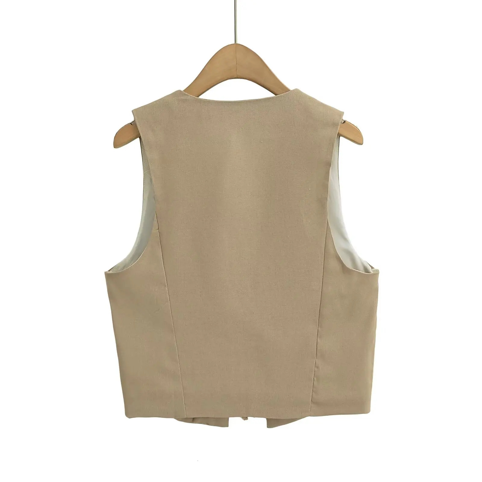 womens fashionable Vneck sleeveless bead n lace top short linen vest jacket for office casual slim fit waist CT2208 250506
