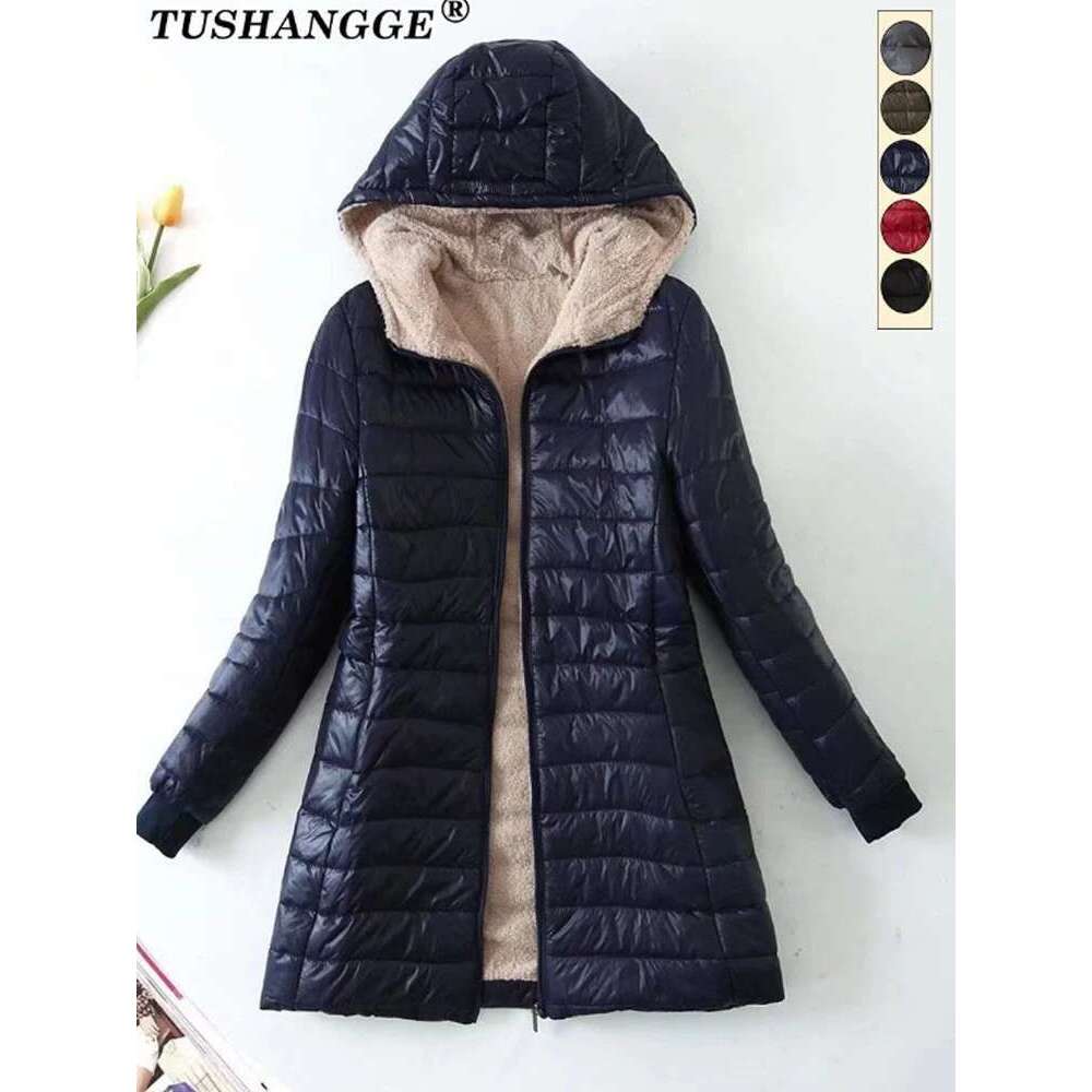 New Mid Length Korean Edition Hooded Fit Women Jackets Autumn Winter Mid-Length Office Cotton Coats Warm Lamb Fleece Parkas Designer