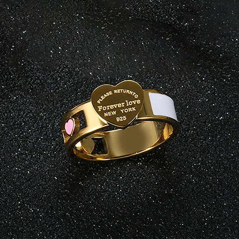 Fashion Hollow Colorful Heart Rings Stainless Steel Big Heart Tag White Shell Ring For Women Girls Female Men Wedding Jewelry 250509