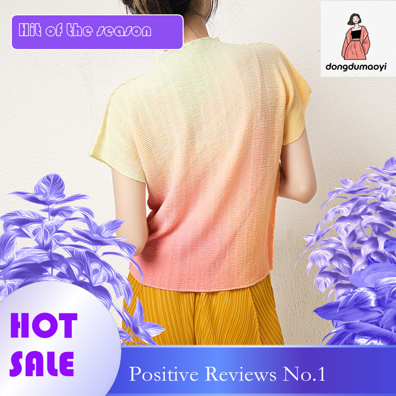 dongdumaoyi Style top women's short sleeved summer Miyake chic printed design sense pleated round neck slimming t-shirt