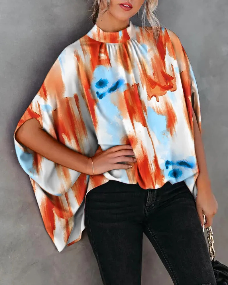 Womens Cape Sleeve Oversize Blouse Tie Closure High Neckline Caftan Body Loose Tops 250514