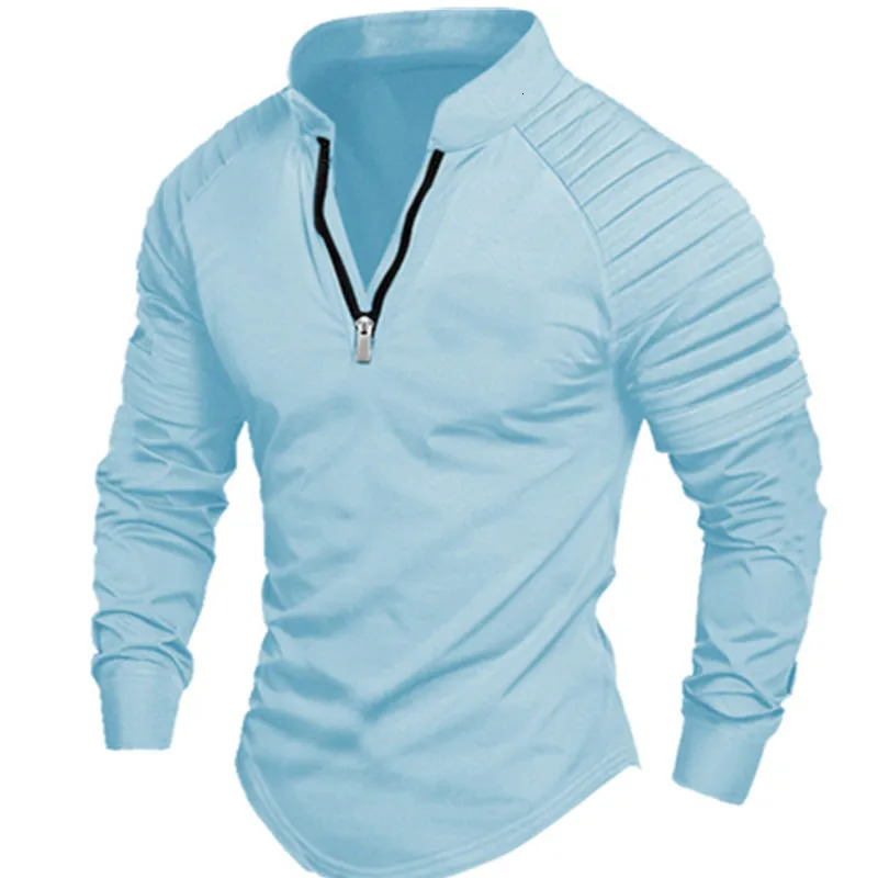 Mens longsleeved polo shirt zipper standing collar arm pleated solid color sports casual slim fashion mens wear 250506Z