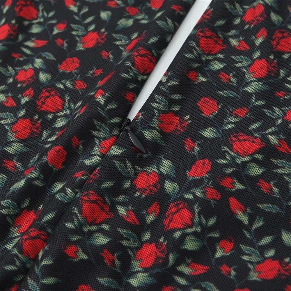 ZAR4 Summer New Women's European and American Pure Desire Rose Print V-neck Slim Fit Waist Long Dress