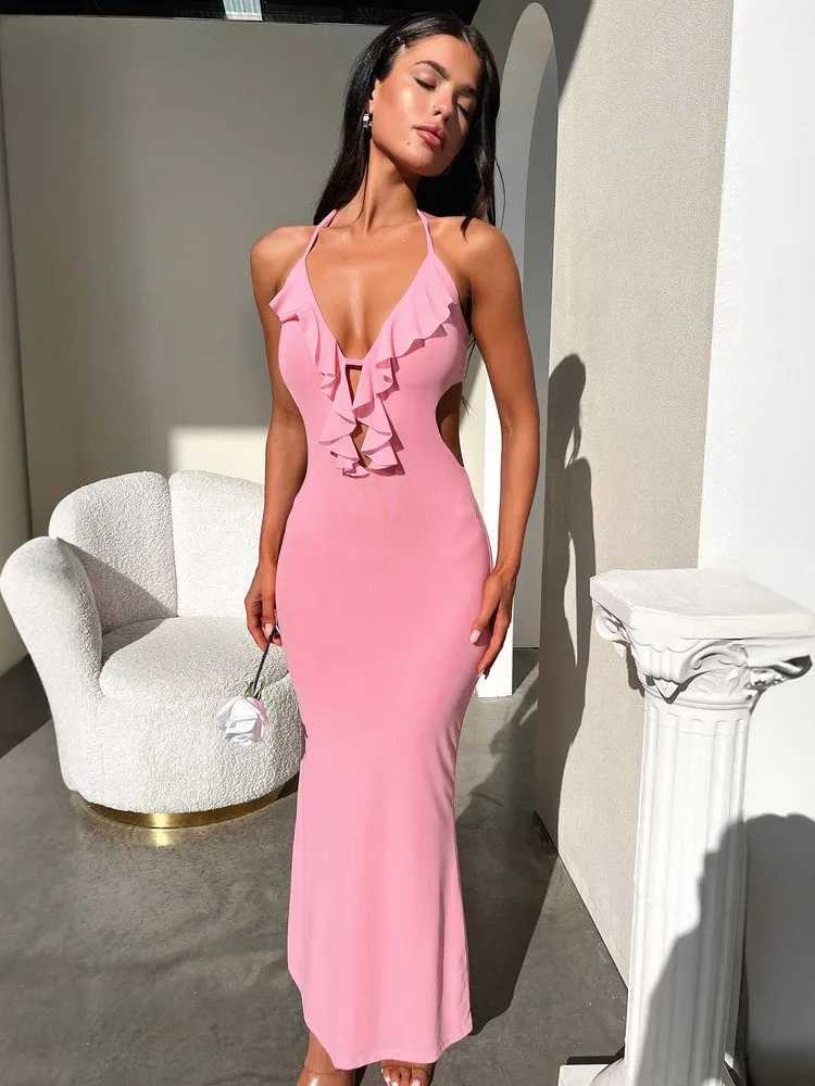 Solid Color Slim Halter Neck Dresses Women Sexy V-neck Hollow Out Backless Leace-up Bodycon Long Dress Trendy Party Club DressXJ250514