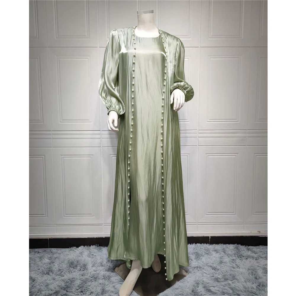 2pcs Muslim Women Beads Kimono Cardigan With Inner Dress Set Dubai Turkey Kaftan Eid Ramadan Islam Clothing Satin Abaya Jalabiya X250514