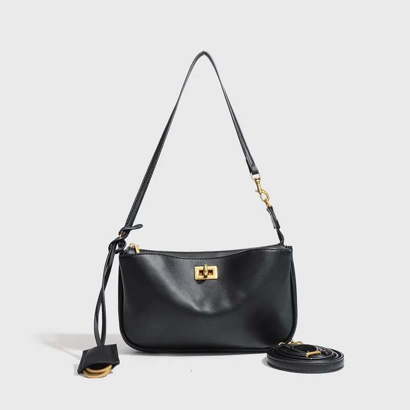 2025 New Designer Rodeo Shoulder Leather Black Handbag Women's Fashion Gold Buckle Underarm Bag