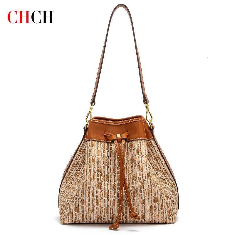 CHCH Women's Top Handbag New Knitted Texture Drawstring Large Capacity Dual Use Travel Shopping Bag 250513