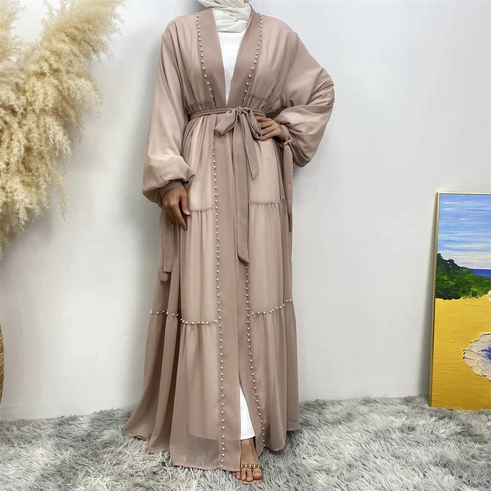 New Modest Abaya Muslim Women Fashion Elegant Net Color Beaded Muslim lace-up chiffon Cardigan Robe Middle East Turkey Arab Rama X250514